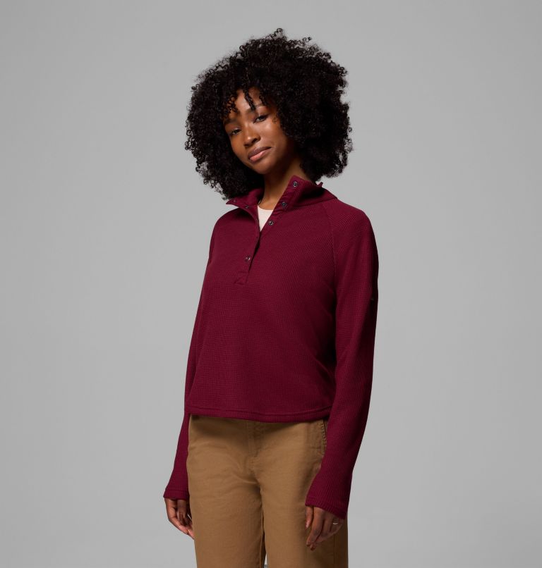 Women's Holly Hideaway Waffle Half Snap Shirt, Color: Rich Wine, image 1