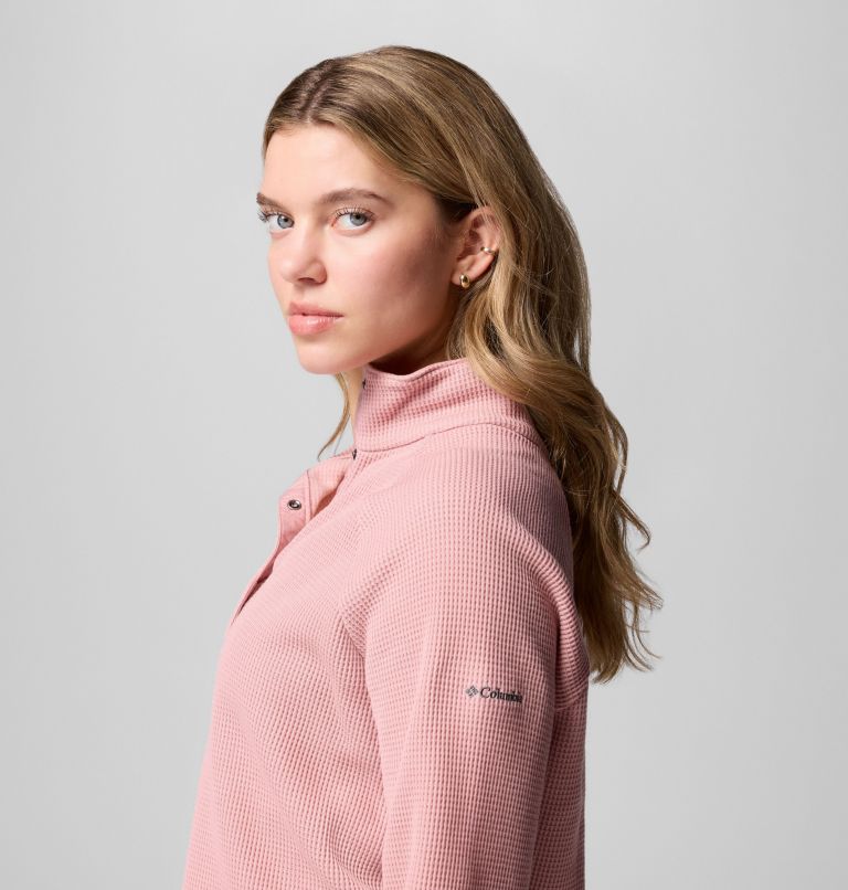 Women's Holly Hideaway Waffle Half Snap Shirt, Color: Eraser Pink, image 6