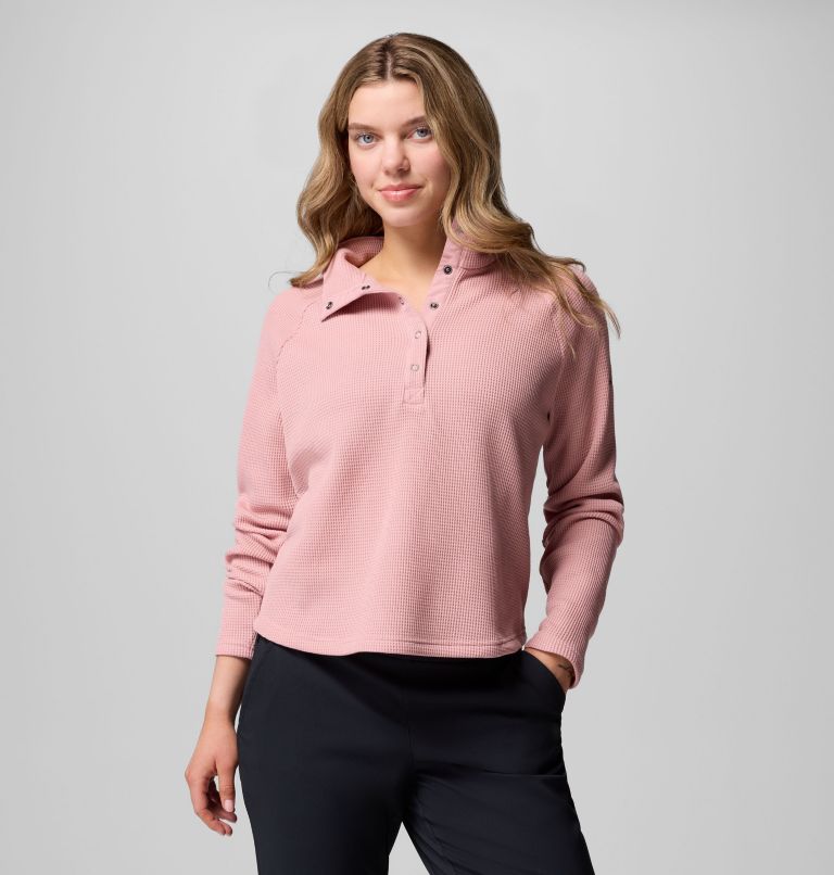 Women's Holly Hideaway Waffle Half Snap Shirt, Color: Eraser Pink, image 1
