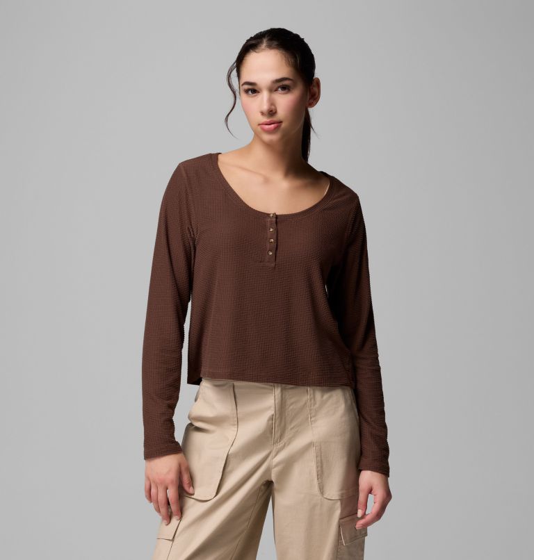Women's Brea Falls Grid Henley Long Sleeve Shirt, Color: Tobacco, image 1