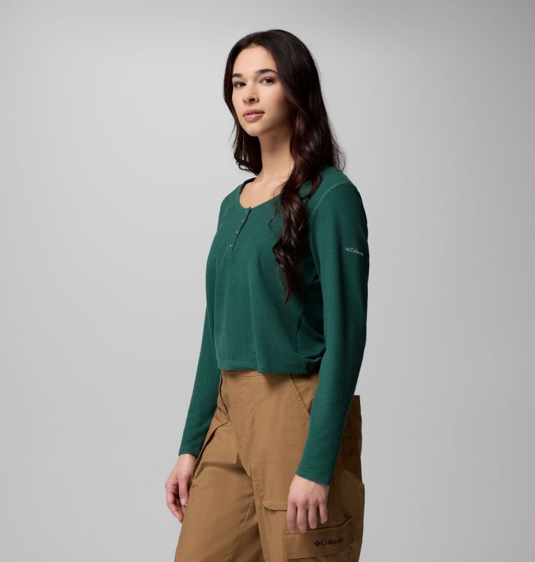 Women's Brea Falls Grid Henley Long Sleeve Shirt, Color: Rain Forest, image 4