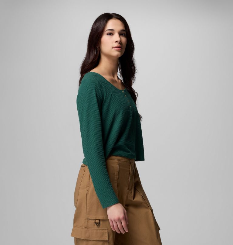 Women's Brea Falls Grid Henley Long Sleeve Shirt, Color: Rain Forest, image 6