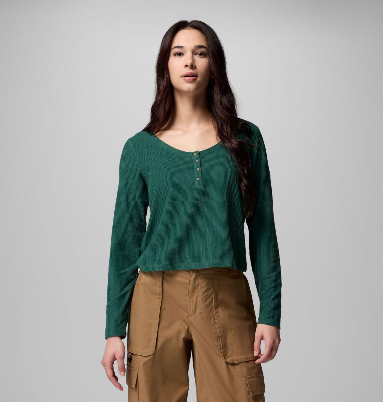 Women's Brea Falls Grid Henley Long Sleeve Shirt, Color: Rain Forest, image 1