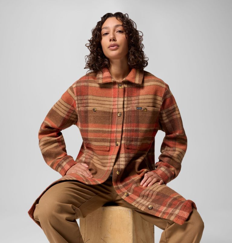 Women's Wildest Venture Long Fleece Coat, Color: Tobacco Vagabond Plaid, image 6