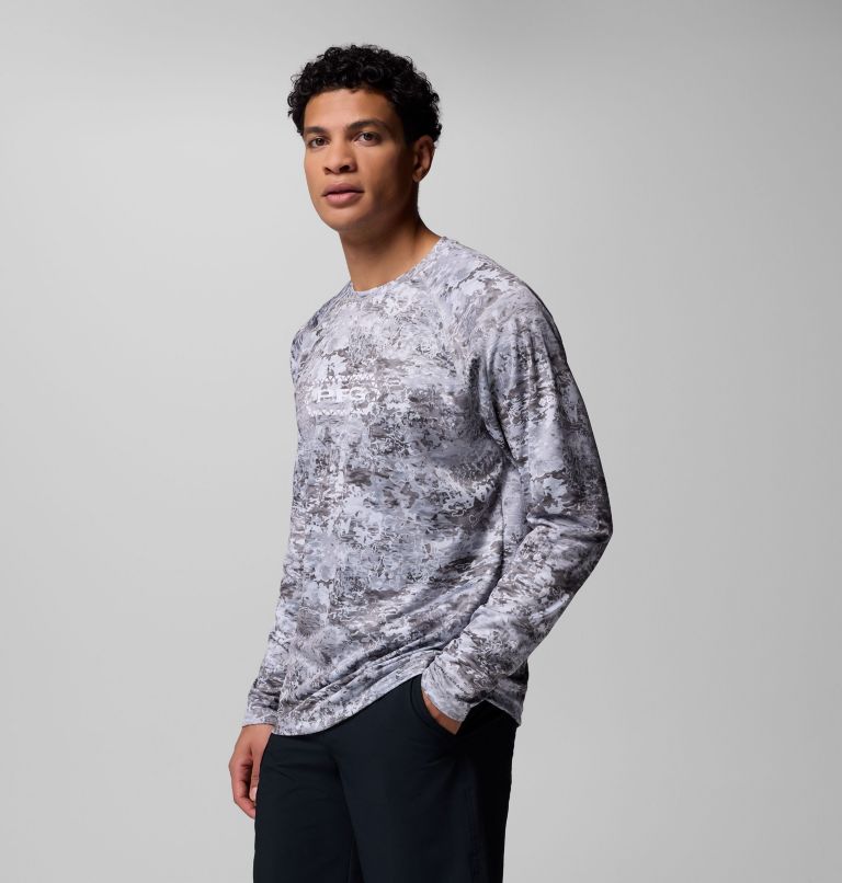 Men's PFG Super Solar Stream Border Hex Long Sleeve Shirt, Color: Cool Grey Tejas, image 4