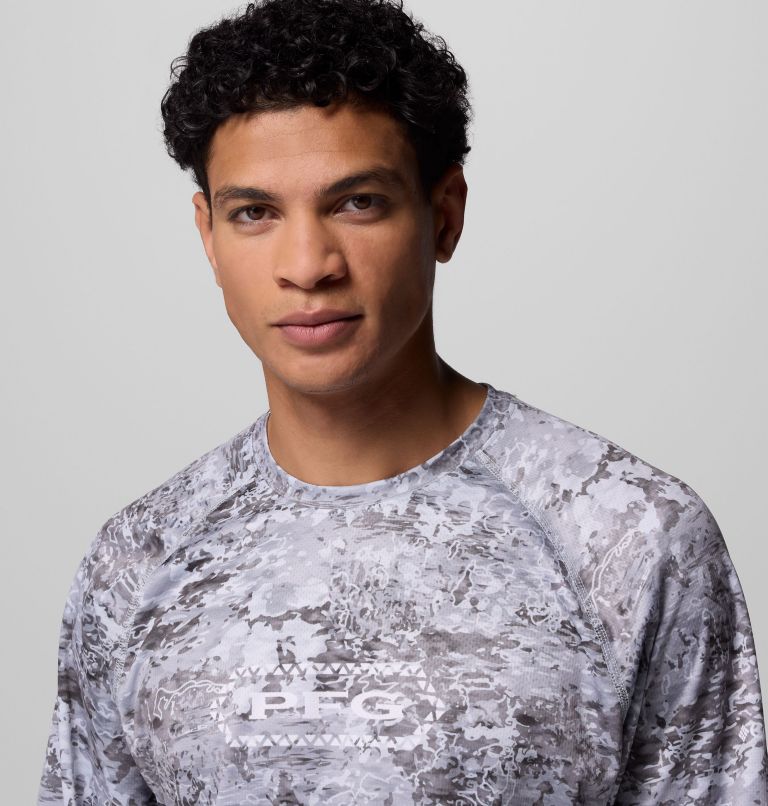 Men's PFG Super Solar Stream Border Hex Long Sleeve Shirt, Color: Cool Grey Tejas, image 5