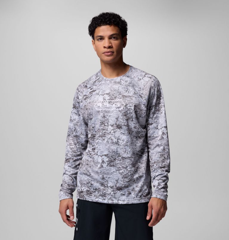 Men's PFG Super Solar Stream Border Hex Long Sleeve Shirt, Color: Cool Grey Tejas, image 1