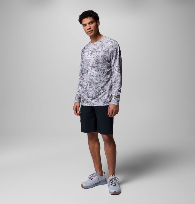 Men's PFG Super Solar Stream Border Hex Long Sleeve Shirt, Color: Cool Grey Tejas, image 2