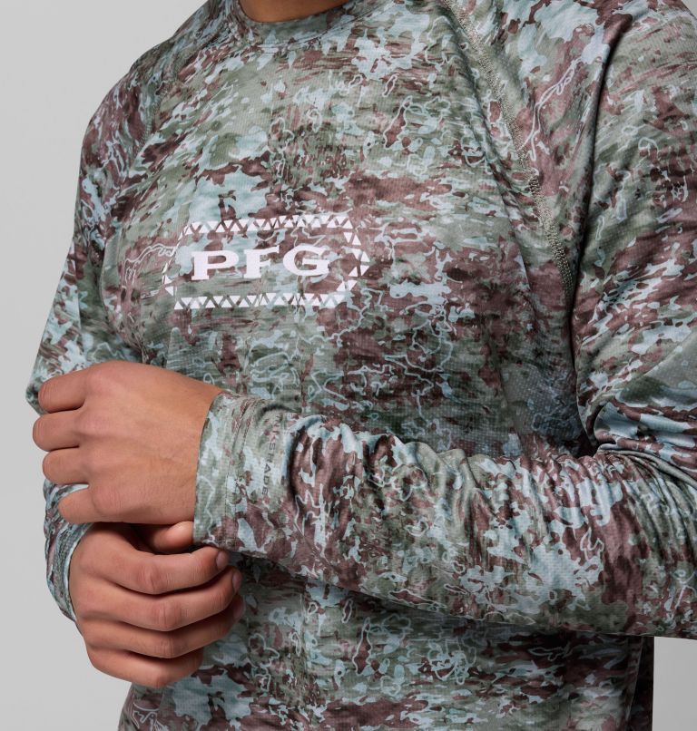 Men's PFG Super Solar Stream Border Hex Long Sleeve Shirt, Color: Cypress Tejas, image 7