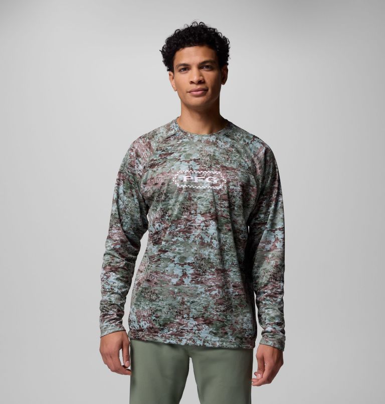 Men's PFG Super Solar Stream Border Hex Long Sleeve Shirt, Color: Cypress Tejas, image 1