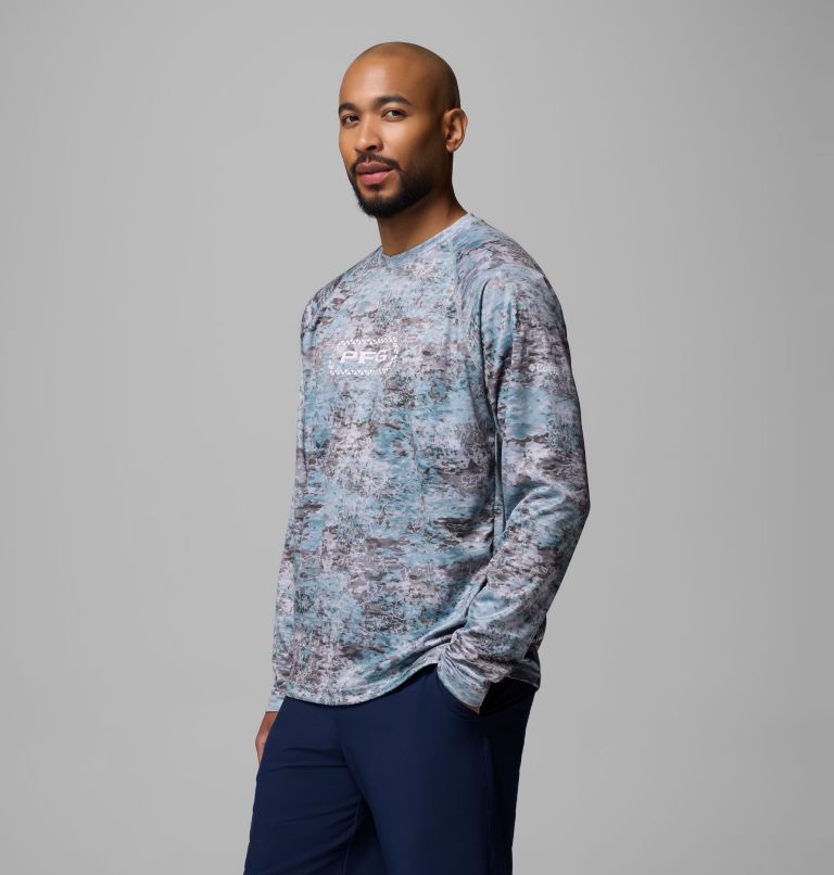 Men's PFG Super Solar Stream Border Hex Long Sleeve Shirt, Color: Crushed Blue Tejas, image 4