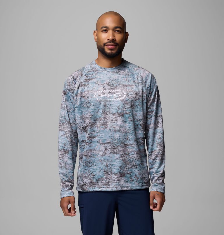Men's PFG Super Solar Stream Border Hex Long Sleeve Shirt, Color: Crushed Blue Tejas, image 1