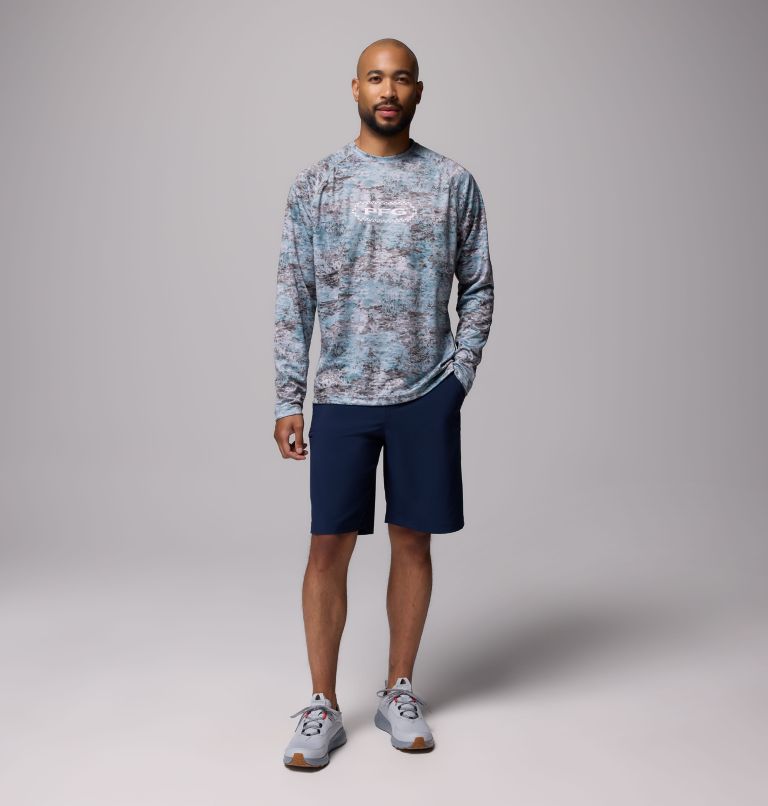 Men's PFG Super Solar Stream Border Hex Long Sleeve Shirt, Color: Crushed Blue Tejas, image 2