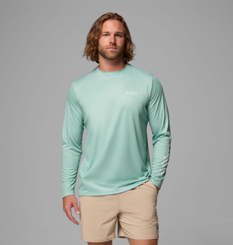 Men's Terminal Tackle PFG Border Hex Long Sleeve Shirt, Color: Misty Jade, Tejas Fill, image 1