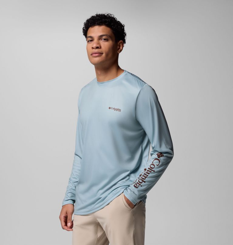 Men's Terminal Tackle PFG Border Hex Long Sleeve Shirt, Color: Crushed Blue, Ikat Palms Fill, image 4