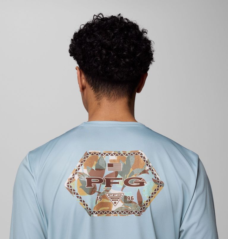 Men's Terminal Tackle PFG Border Hex Long Sleeve Shirt, Color: Crushed Blue, Ikat Palms Fill, image 6