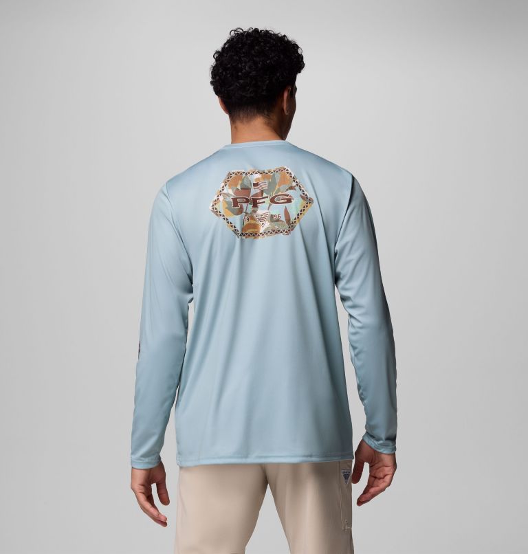 Men's Terminal Tackle PFG Border Hex Long Sleeve Shirt, Color: Crushed Blue, Ikat Palms Fill, image 3