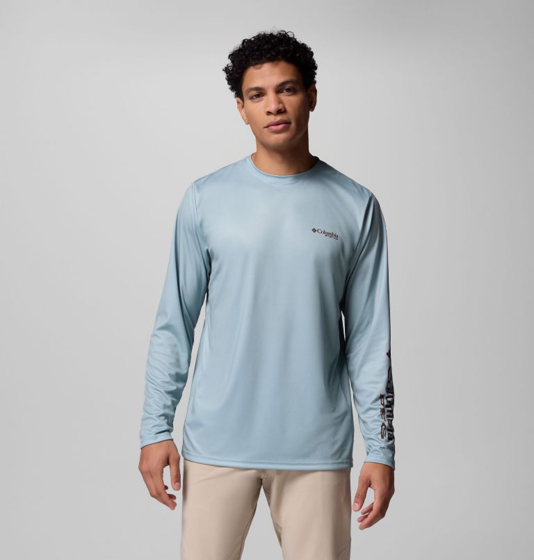 Men's Terminal Tackle PFG Border Hex Long Sleeve Shirt, Color: Crushed Blue, Ikat Palms Fill, image 1