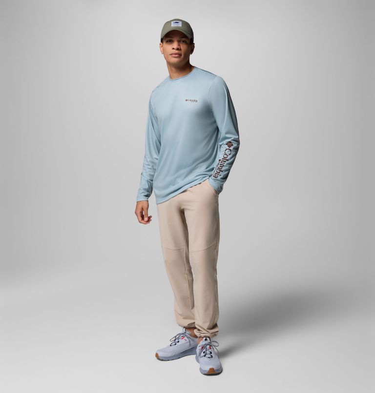 Men's Terminal Tackle PFG Border Hex Long Sleeve Shirt, Color: Crushed Blue, Ikat Palms Fill, image 2