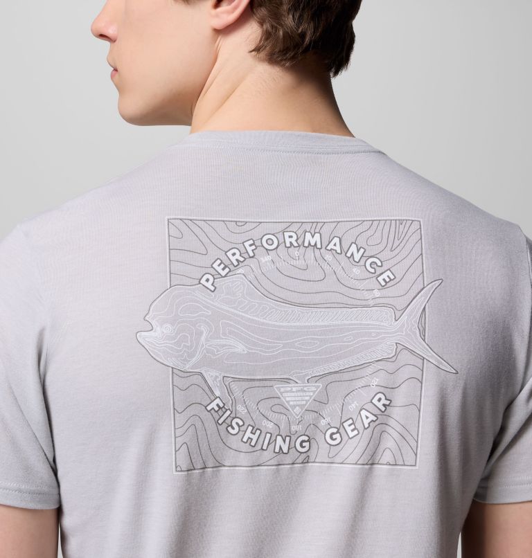 Men's PFG Diamond Fly Short Sleeve Tee, Color: Cool Grey Heather, Topo Dorado, image 6