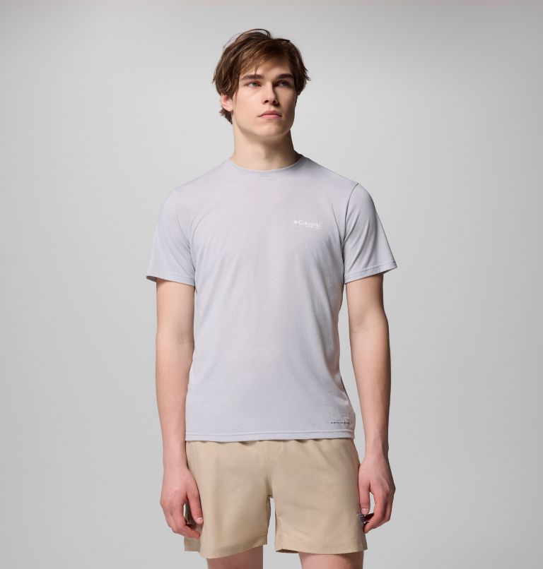 Men's PFG Diamond Fly Short Sleeve Tee, Color: Cool Grey Heather, Topo Dorado, image 1