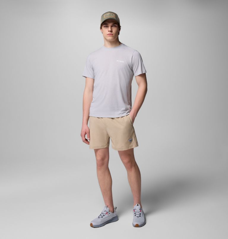 Men's PFG Diamond Fly Short Sleeve Tee, Color: Cool Grey Heather, Topo Dorado, image 2