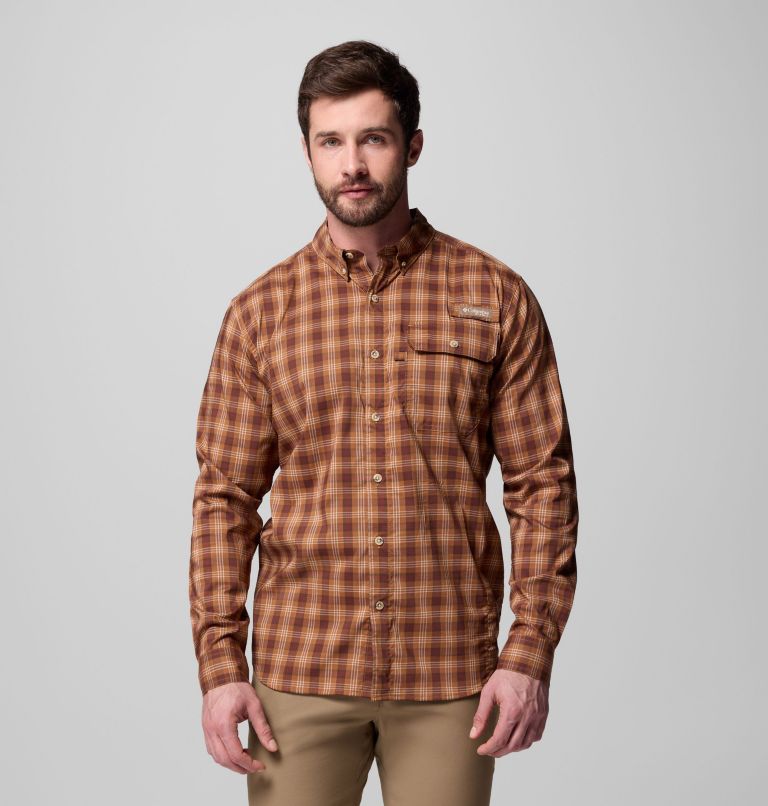 Men's Sharptail Long Sleeve Yarn Dye Shirt, Color: Camel Brown Triple Check, image 1