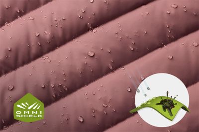 Close up of fabric with the Omni Shield logo in the bottom left and a graphic showing how moisture beads on the fabric's surface.