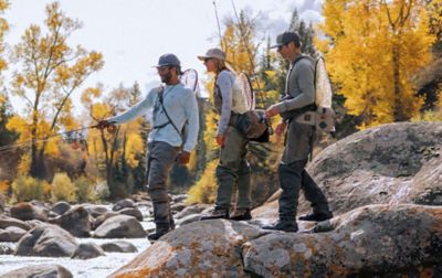 Three people wearing fishing waders prepare to enter a creek with their fly rods.