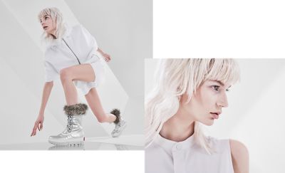 Woman kneeling wearing Joan NEXT boots and close up shot of model
