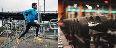 A man in running gear sprints up a short flight of stairs during his cross-training workout, with a set of dumbbells in the foreground.