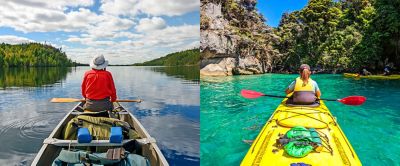 Side-by-side photos of a man in a canoe and a woman in a kayak, both facing away from the camera, looking at serene landscapes. Each has a paddle resting across their lap, mirroring each other's pose.