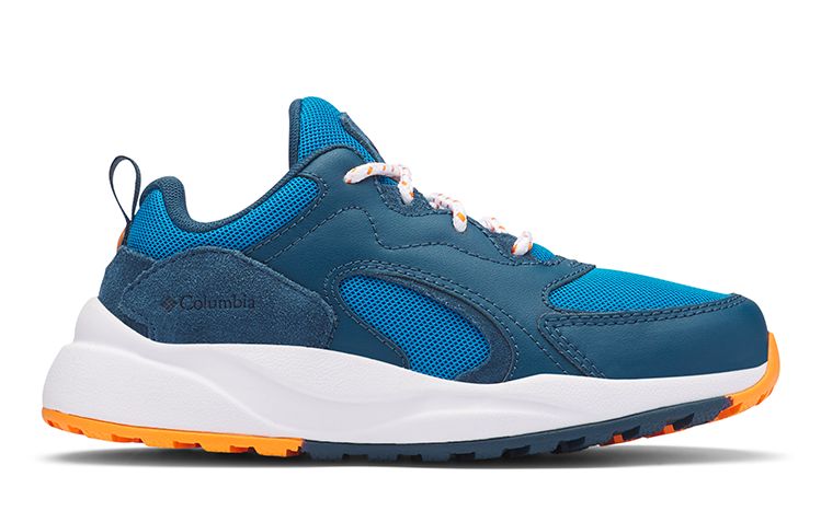 A blue, white, and yellow kids Pivot sneaker.