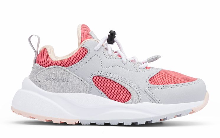 A gray, pink, and white kids Pivot sneaker.