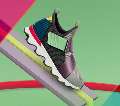 A Vibe Kinetic Sneak on a colorful neon background 