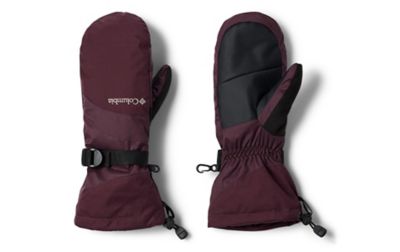 A pair of maroon colored Columbia Sportswear mittens.