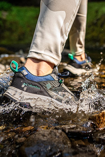 Hiking shoe stepping in a river