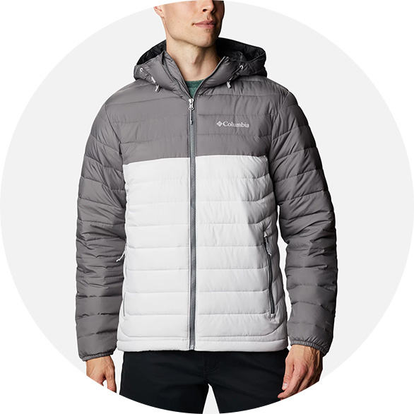 Man in a two-tone gray puffer.
