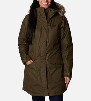 Woman in a green Columbia parka