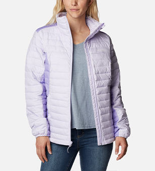 Woman in a purple Columbia jacket