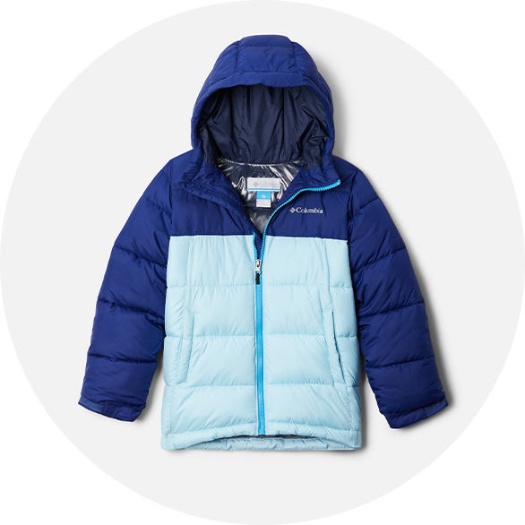A two-toned blue boys puffer jacket.