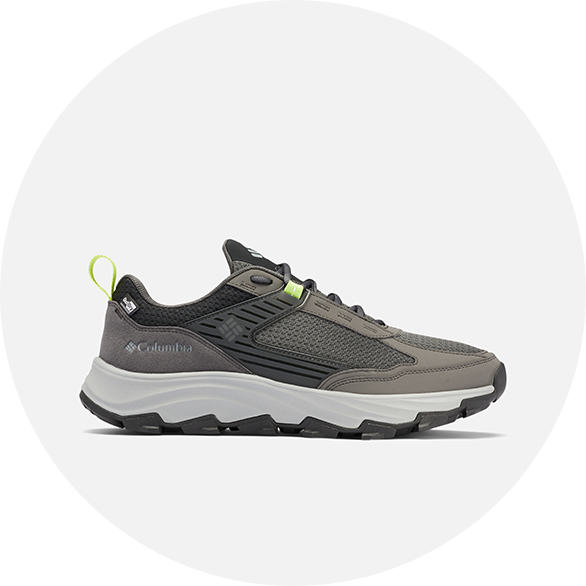 A gray and white mens hiking shoe.