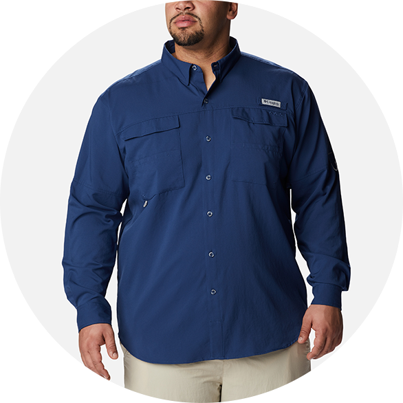 Man in a blue button down fishing shirt.