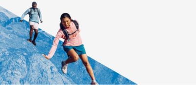 Hikers climbing over a blue dynamic background. Columbia Greater Rewards.