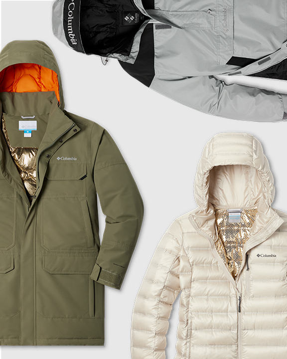 Assorted jackets on a white backdrop