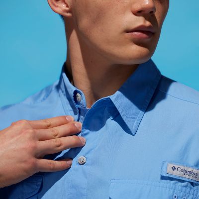 Close-up of button-up collar on the Bonehead shirt. 