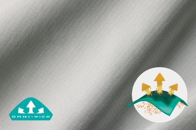 Close up of blue Tamiami fabric with the Omni-Wick logo on the bottom left and a graphic showing how moisture rises to the surface of the fabric to evaporate on the bottom right.