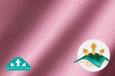 Close up of pink Tamiami fabric with the Omni-Wick logo on the bottom left and a graphic showing how moisture rises to the surface of the fabric to evaporate on the bottom right.