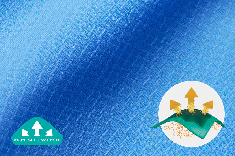 Close up of blue Tamiami fabric with the Omni-Wick logo on the bottom left and a graphic showing how moisture rises to the surface of the fabric to evaporate on the bottom right.