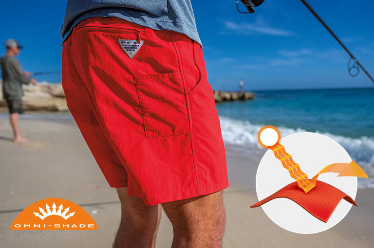 A couple of guys on the beach fishing in the breakers. One guy is out of focus in the background and the other is in focus in the foreground in the bright red water shorts with the sun beating down on them. The Omni Shade logo is on the bottom left and a graphic showing how sun rays are blocked by the fabric is on the bottom right.